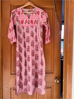 Cotton block print Pink Floral & pomegranates Midi Dress